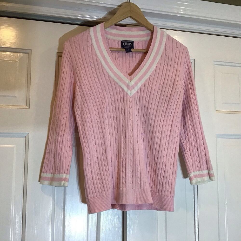 Chaps Preppy Women’s Cable Knit V Neck Sweater Sz L Tennis Old Money Ivy Coastal
